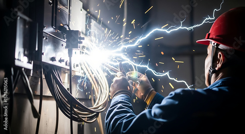 Electrician performing maintenance with visible electric sparks or shock effects