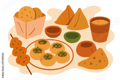 Traditional indian snack assortment with samosas, pani puri, and masala chai