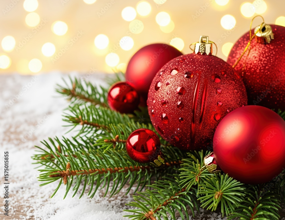 Fototapeta premium Red Christmas ornaments and pine branches on snow-covered wooden surface, twinkling lights in background