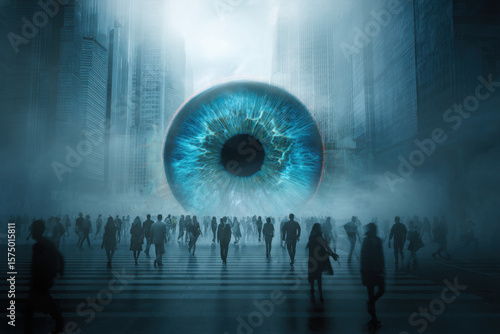 A giant digital eye hovers or is embedded into the cityscape, representing mass surveillance, data tracking and erosion of privacy in Ai-driven societies.
