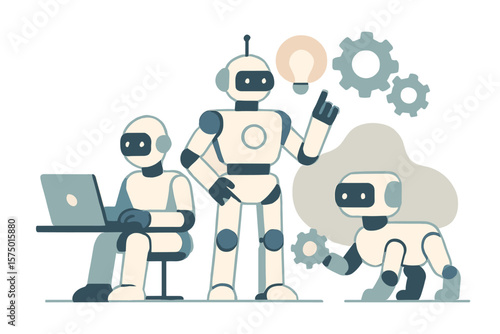Futuristic robots in collaborative workplace environment with gears and technology