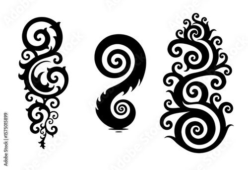 A set of Maori style koru spiral swirls, icon minimalist tattoo style. Vector illustration. Isolated on transparent background.