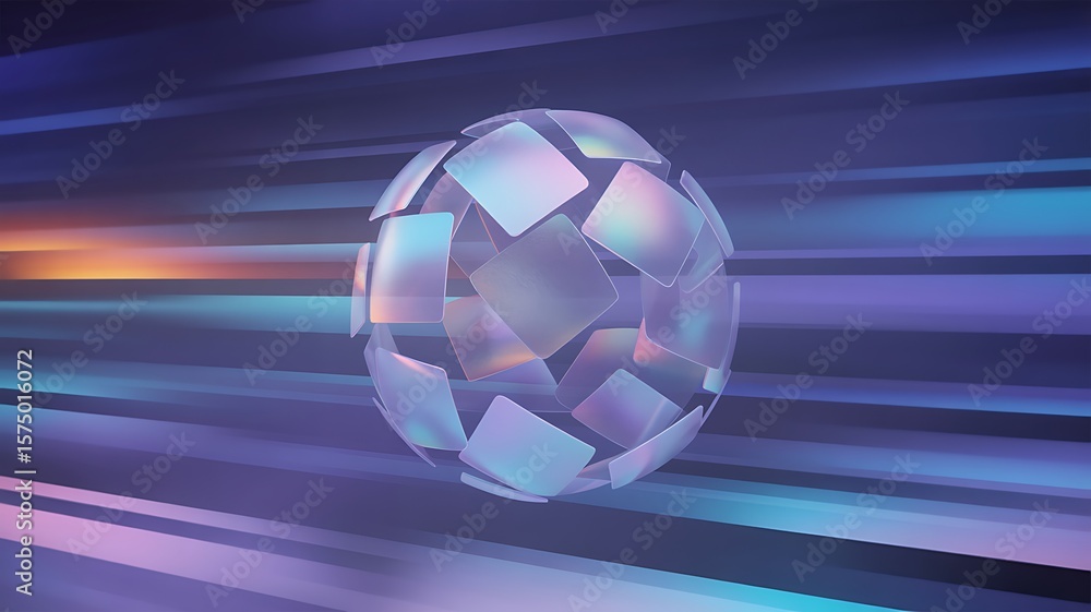 Fototapeta premium Abstract sphere made of translucent iridescent squares against a blurred background of horizontal lines
