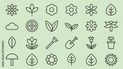 Collection of outline icons representing nature plants flowers and gardening tools