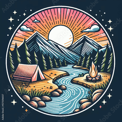 Flat illustration of camping with a tent and a campfire near a stream in the forest against the background of mountains. vector graphics. EPS.