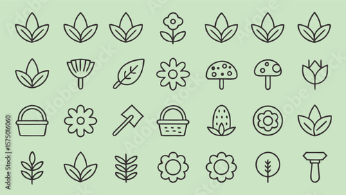 Collection of simple line icons representing nature and gardening elements