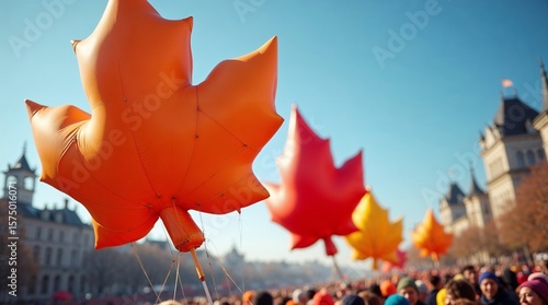 Thanksgiving parade featuring giant balloons shaped like autumn leaves, creating cheerful atmosphere. Thanksgiving parade balloons showcase warm colors, symbolizing celebration and community.