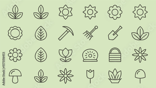 Collection of simple line art icons representing nature and gardening elements on a light green background