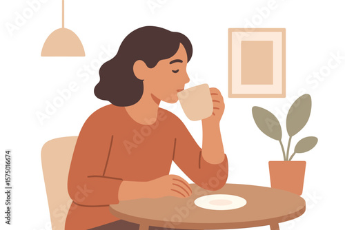 Woman enjoying coffee at home: cozy minimalist scene in warm tones