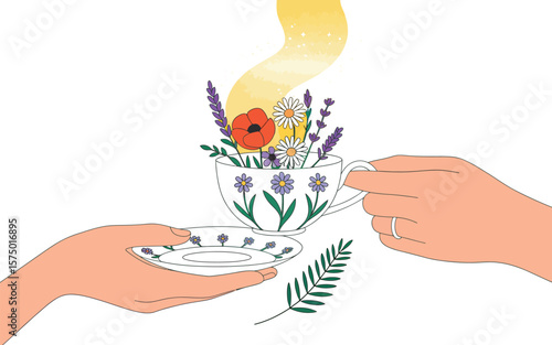 Hands holding a teacup filled with flowers and steam on a yellow background illustration