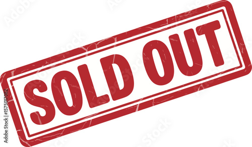 A red and white sold out stamp with a textured background on a plain white surface view