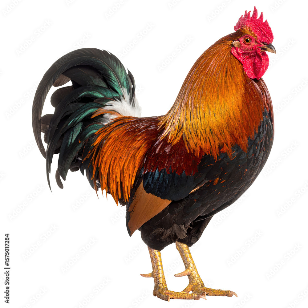 Fototapeta premium Vibrant Rooster with Striking Feathers Displaying Majestic Posture in a Clear Studio Setting