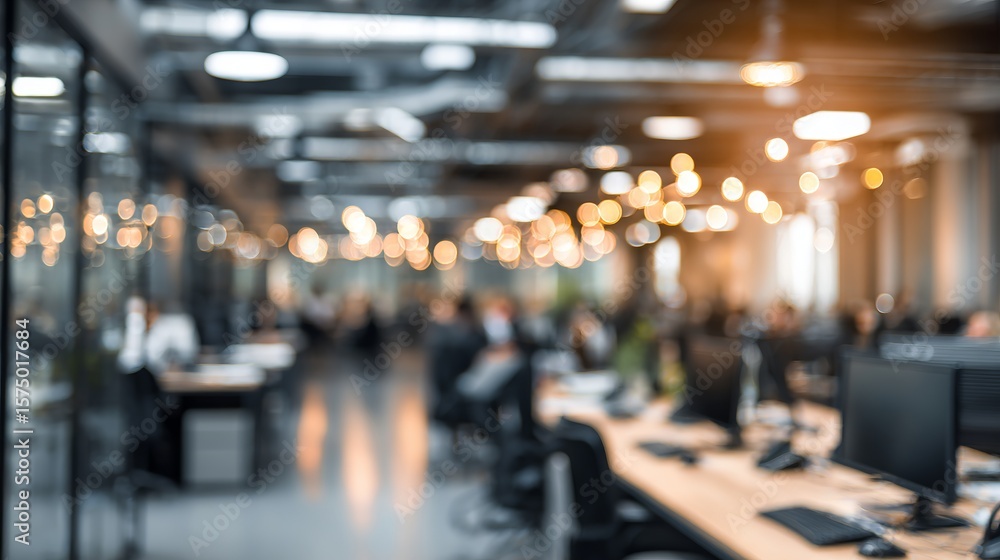 Obraz premium Blurred office space with modern lighting fixtures and computers for creative and professional backgrounds and design needs online.