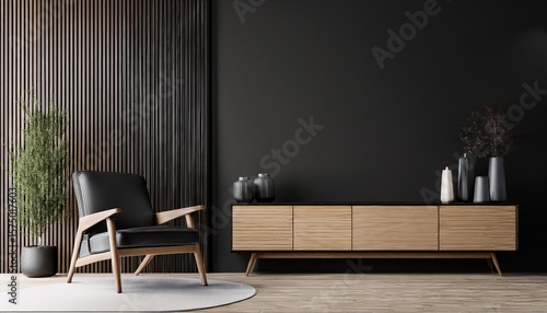 the modern black living room with minimal arm chair and wooden console mockup and black wooden pattern wall background 3d rendering