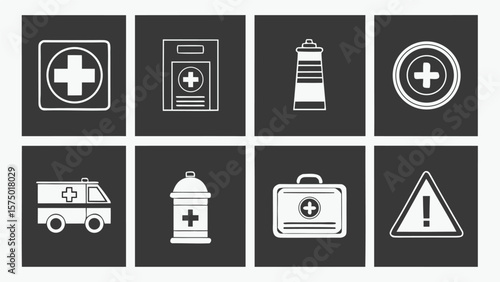 Collection of medical and emergency service icons on a dark background