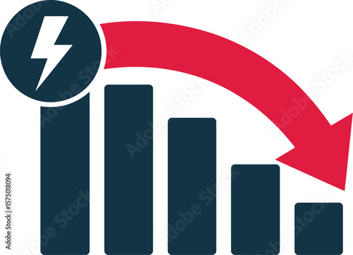 Declining bar graph with a lightning bolt icon and a downward pointing red arrow design