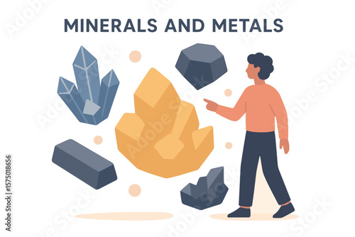Person exploring minerals and metals: crystals and gems in a modern flat design