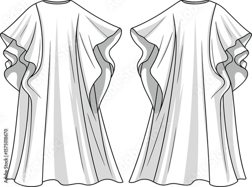  Relaxed Fit Kaftan Dress CAD Drawing Flat Vector Illustration with V-Neck and Flutter Sleeves for Resort Wear.