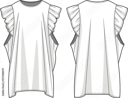 Loose Fit Ruffle Sleeve Dress CAD Drawing Flat Vector Illustration with Round Neck and Bubble Hem for Fashion Design.