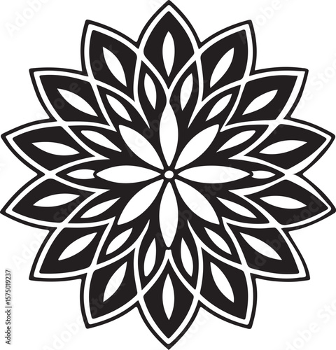 Ornamental black and white flower design with intricate petals arranged symmetrically on white background
