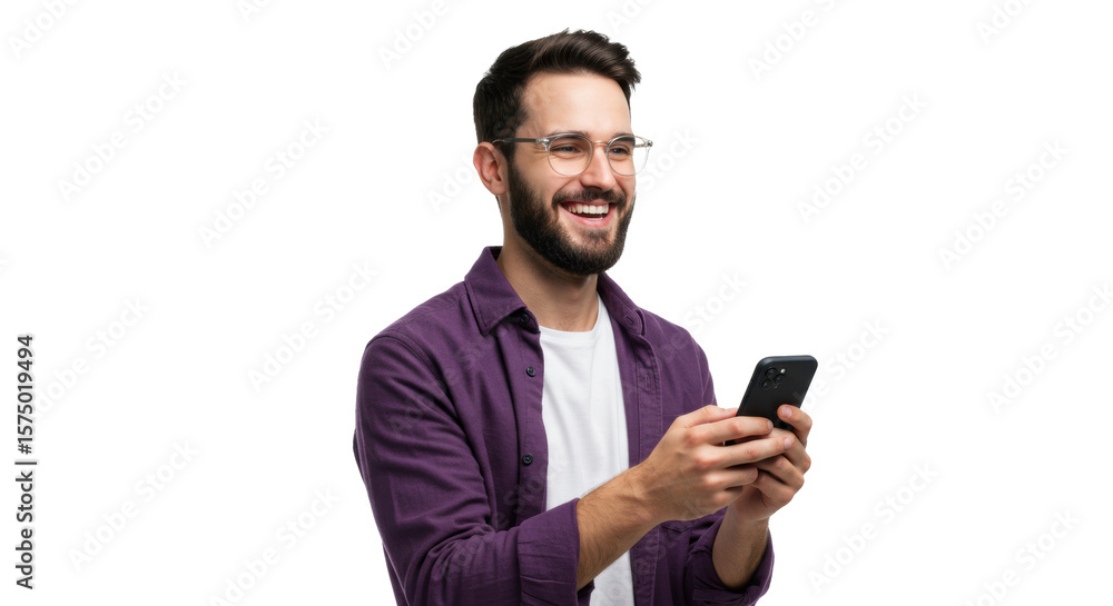 Young caucasian man, late 20s, with short dark hair, beard, glasses, in a purple overshirt, smiling, interacting with a black smartphone. White studio background with copy space. Concept of Young caucasian man, late 20s, with short dark hair, beard, glasses, in a purple overshirt, smiling, interacting with a black smartphone. White studio background with copy space. Concept of
