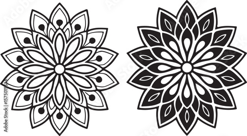 Two symmetrical floral mandala designs featuring intricate details in black and white style