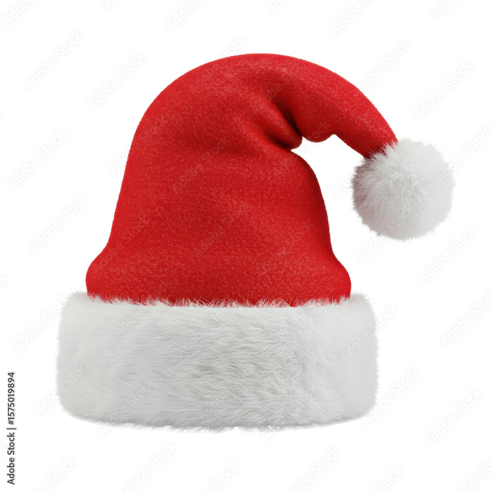 A classic Santa Claus hat with rich crimson velvet-like fabric, thick fluffy white faux fur brim and pom-pom, captured with razor-sharp focus on a clean white background in a high-angle studio shot, A classic Santa Claus hat with rich crimson velvet-like fabric, thick fluffy white faux fur brim and pom-pom, captured with razor-sharp focus on a clean white background in a high-angle studio shot,