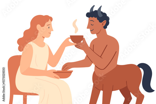 Human and mythical creature sharing a warm beverage in minimalist style