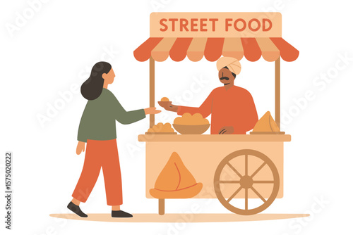 Flat style street food vendor and customer scene with food cart