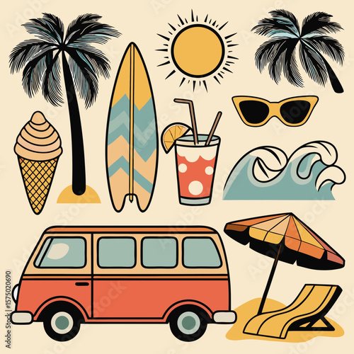 Retro summer vacation vector illustration featuring beach sunset, palm trees, surfboard, ice cream, sunglasses, flip-flops, tropical drink, and vintage motel van in nostalgic 1980s style