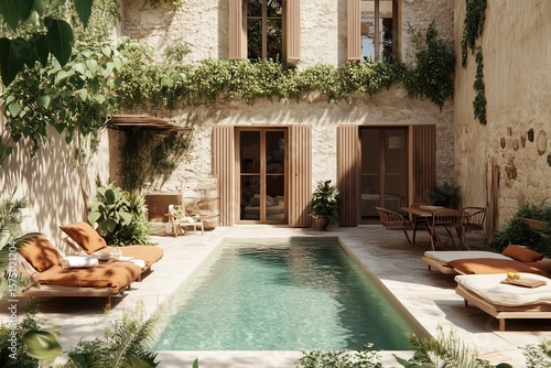 Stylish Italian villa with rustic stone walls and wooden shutters, narrow swimming pool in courtyard