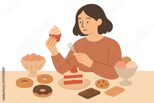 Woman enjoying dessert with cupcake, cake, and doughnuts in minimalist style