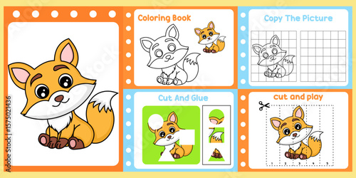 worksheets pack for kids a fox vector.
