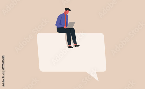 Businessman sitting on a large empty speech bubble while using a laptop, concept of mindful communication, thoughtful response, and digital workplace messaging, flat vector illustration