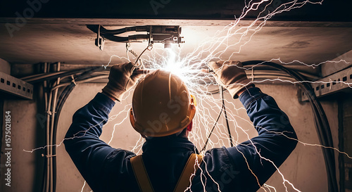 Electrician performing maintenance with visible electric sparks or shock effects