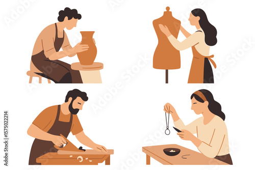 Creative craftsmanship: artists engaged in pottery, tailoring, woodworking, and jewelry making