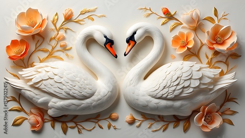 Wallpaper Mural Romantic Swan Pair With Floral Accents in Ivory and Gold, Graceful Swans Adorned with Peach Flowers and Golden Leaves for a Symbolic Romance Torontodigital.ca