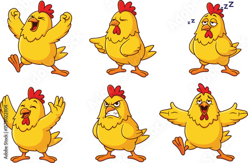 Cartoon chicken character set, six expressive yellow birds, singing, pointing, sleeping, angry, celebrating, welcoming poses, vector illustration, humorous farm animal design