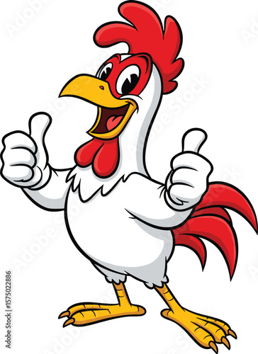 Cartoon rooster thumbs-up pose, cheerful chicken character, white body, red comb and tail, yellow beak and feet, farm mascot, vector illustration, expressive design