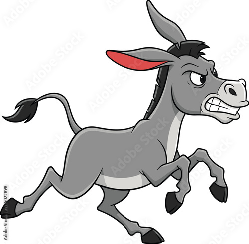 Angry cartoon donkey illustration, gray animal in charging pose, red ears, clenched teeth expression, black hooves, vector character drawing, energetic farm creature design