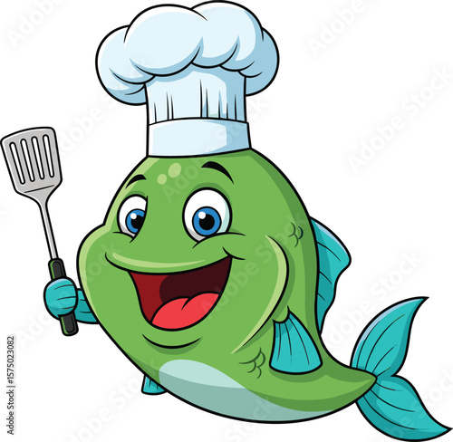 Cartoon chef fish character, green fish with blue fins, white chef hat, spatula in hand, smiling face, vector illustration, cooking theme design