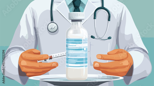 Medical Professional Holding Medicine Bottle and Syringe with Bottle of Milk