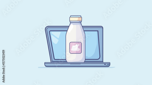 Creative Illustration of Milk Bottle with Laptop Mascot Cartoon Vector Design