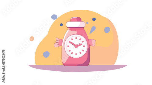 Time Management Concept with Milk Bottle and Wristwatch Cartoon Illustration