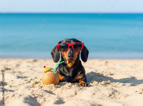 Happy dachshund burrowed in beach sand wearing red glasses and chilling beside tropical drink under bright summer sky