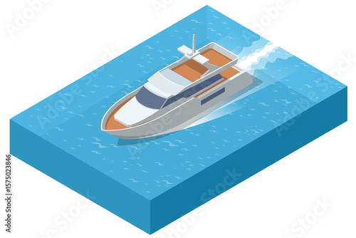 Isometric yacht moving on blue water. The yacht is leaving a wake behind as it sails. Travel, luxury, marine transport, or summer vacation. Top view of a modern, luxurious yacht speeding on water.
