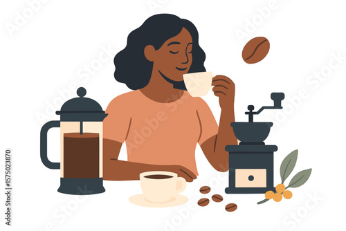 Woman enjoying coffee with french press and coffee grinder on white background