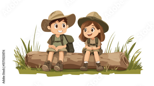 Safari Outfit Boy and Girl Sitting on Log
