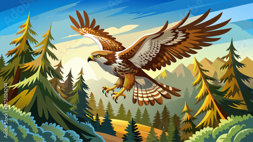 Autumn wildlife, bird of prey Common Buzzard, Buteo buteo, flight on coniferous spruce tree branch. Wildlife scene from the nature. Landing on spruce tree. Buzzard fly in the forest