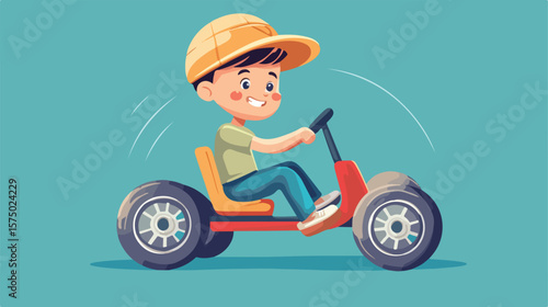 Happy Boy Driving Billy Cart - Vector Illustration